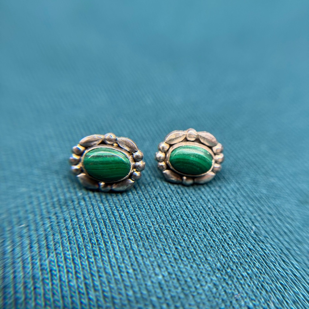 Vintage Mexican Sterling Silver Malachite Earrings Taxco Style 1940s–1960s